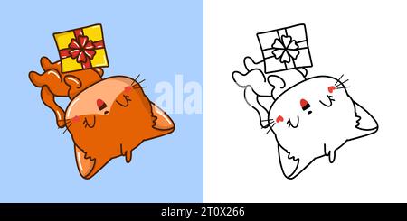 Set Christmas Red Cat, mehrfarbig und schwarz-weiß. Kawaii Clip Art Weihnachtskätzchen Stock Vektor
