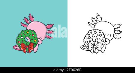 Clipart Christmas Axolotl mehrfarbig und schwarz-weiß. Niedliche Clip Art Neujahr Amphibien. Stock Vektor