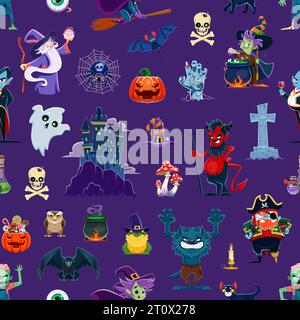 Nahtloses Muster für Halloween-Charaktere. Vektor Hintergrund von Trick or Treat Urlaub gruselige Geist, Hexe, Zombie und Kürbis, Vampir, Pirate, Werwolf- und Zauberfiguren. Halloween-Feiertage im Hintergrund Stock Vektor