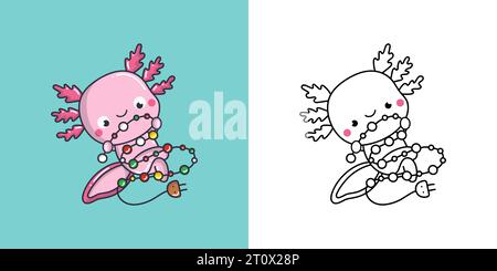 Kawaii Xmas Axolotl mehrfarbig und schwarz-weiß. Wunderschönes Clip Art Weihnachtsreptil. Stock Vektor