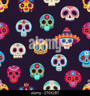 Calavera Sugar mexican Skulls nahtloses Muster. Mexico Day of the Dead Dia de Los Muertos oder Halloween Feiertag Vektor Hintergrund von Catrina Skelett Schädel mit Sombrero Hut und floralen Ornamenten Stock Vektor