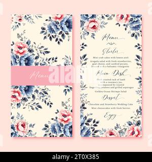 Hochzeitsmenü mit Vintage-blauen und rosa Blumen. Vektorvorlage. Stock Vektor