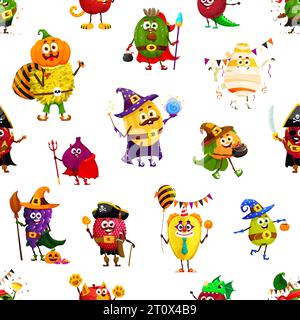 Nahtloses Muster lustiger Halloween-Fruchtfiguren in Weihnachtskostümen. Vektor-Hintergrund von Trick or Treat Jackfrucht Kürbis, Mangomumie, Hexentrauben, Orange und Melone Hexen Persönlichkeiten Stock Vektor