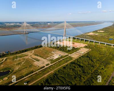 Aus der Vogelperspektive, Normandie Bridge über die seine, Calvados, Cote Fleurie, Lower Normandie, English Channel, Frankreich Stockfoto