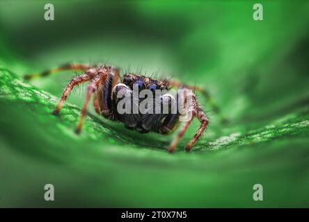 Spinnenmakro aus nächster Nähe auf einem grünen Blatt Stockfoto