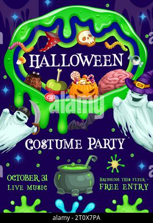 Halloween-Partyflyer mit grünen Schleimflecken, Weihnachtssüßen und Geister-Zeichentrickfiguren. Trick or Treat Horror Night Monster Vektorfiguren von Geistern, Hexentrankkessel, Süßigkeiten und Kuchen Stock Vektor