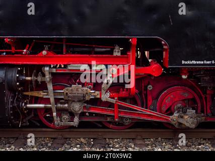 Schmalspurbahn Oechsle Detailansicht Lokomotive, Räder, Bahnhof Ochsenhausen, Baden-Württemberg, Deutschland Stockfoto