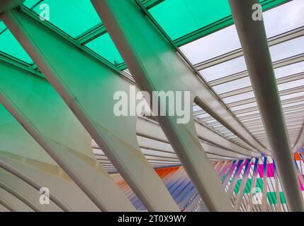 Konstruktives Detail im Bahnhof Lüttich-Guillemins, Architekt Santiago Calatrava mit Installation von Daniel Buren Comme tombees du ciel, les couleurs Stockfoto