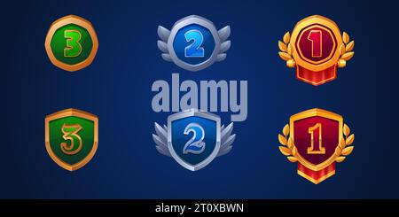 Spiel-ui-Medaillen für den dritten, zweiten und ersten Platz. Zeichentrickvektor-Illustration Set von Trophäenabzeichen mit Bronze, Silber und goldenem Rahmen und Form von Schild und Sechskant. Trophäe „GUI Achievement“. Stock Vektor