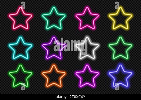 Neonstern-Symbolsatz. Leuchtender, kolossaler Superstar-Promi-Knopf. UI-Elemente für geometrische Formaktionen mit Kopierbereich. Lila, blau, rosa, gelb, grün Stock Vektor