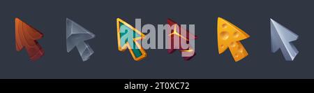 Cursorzeiger für die Benutzeroberfläche des Spiels. Zeichentrickvektor-Illustration Satz verschiedener Mauspfeile aus Holz und Stein, gemahlen mit Rissen und Metall, Käse mit Löchern und Gold mit Edelsteinen. Stock Vektor