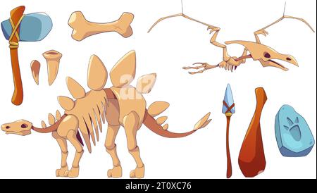 Dinosaurier Skelett Ikone und Fossil Set für Geschichtsmuseum Vektor Illustration. Archäologiestein und Stegosaurus-Knochenklipart für antike jurassische Innenarchitektur. Pterodactyl in der Vorgeschichte ausgestorben Stock Vektor