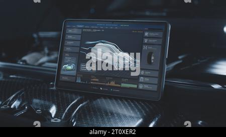 Der Tablet-Computer zeigt 3D-Animation eines professionellen Programms für die Echtzeit-Fahrzeugdiagnose und Aerodynamik-Tests mit einem virtuellen 3D-Elektrofahrzeugmodell. Konzept der Fahrzeugentwicklungstechnologie. Stockfoto