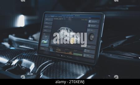 Der Tablet-Computer zeigt 3D-Animation eines professionellen Programms für die Echtzeit-Fahrzeugdiagnose und Aerodynamik-Tests mit einem virtuellen 3D-Elektrofahrzeugmodell. Konzept der Fahrzeugentwicklungstechnologie. Stockfoto