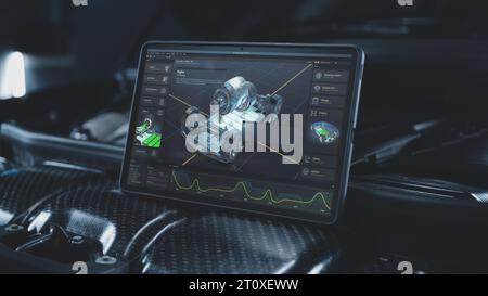 Der digitale Tablet-Computer zeigt eine futuristische 3D-grafische Visualisierung von Fahrzeugen, die professionelle Software mit einem virtuellen 3D-Elektrofahrzeugmodell entwickeln. Konzept der modernen Autodiagnostik-Technik. Stockfoto