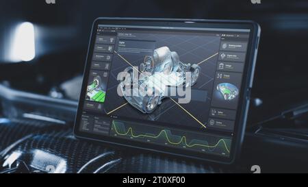 Der digitale Tablet-Bildschirm zeigt 3D-Rendering der professionellen Software-Benutzeroberfläche für umweltfreundliche Fahrzeugentwicklung. Programm zur Fahrzeugdiagnose oder -Prüfung mit einem virtuellen 3D-Elektrofahrzeugmodell. Stockfoto