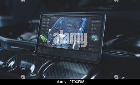 Der digitale Tablet-Computer zeigt eine futuristische 3D-grafische Visualisierung von Fahrzeugen, die professionelle Software mit einem virtuellen 3D-Elektrofahrzeugmodell entwickeln. Konzept der modernen Autodiagnostik-Technik. Stockfoto