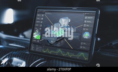 Der digitale Tablet-Bildschirm zeigt 3D-Rendering der professionellen Software-Benutzeroberfläche für umweltfreundliche Fahrzeugentwicklung. Programm zur Fahrzeugdiagnose oder -Prüfung mit einem virtuellen 3D-Elektrofahrzeugmodell. Stockfoto