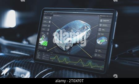 Der digitale Tablet-Bildschirm zeigt 3D-Rendering der professionellen Software-Benutzeroberfläche für umweltfreundliche Fahrzeugentwicklung. Programm zur Fahrzeugdiagnose oder -Prüfung mit einem virtuellen 3D-Elektrofahrzeugmodell. Stockfoto