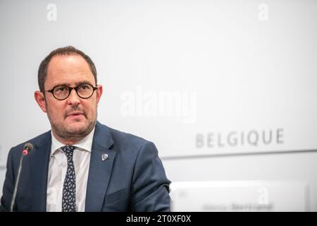 Brüssel, Belgien Oktober 2023. Justizminister Vincent Van Quickenborne wurde während einer Pressekonferenz nach den Verhandlungen über den Haushalt 2024 der Bundesregierung am Montag, den 09. Oktober 2023 in Brüssel dargestellt. BELGA PHOTO JONAS ROOSENS Credit: Belga News Agency/Alamy Live News Stockfoto