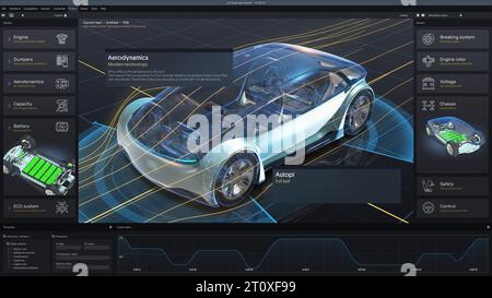 3D-Rendering der grafischen Benutzeroberfläche professioneller Software für umweltfreundliche Fahrzeugentwicklung. Programm zur Fahrzeugdiagnose oder -Prüfung mit einem virtuellen 3D-Elektrofahrzeug-Prototyp. Computerbildschirm. Stockfoto
