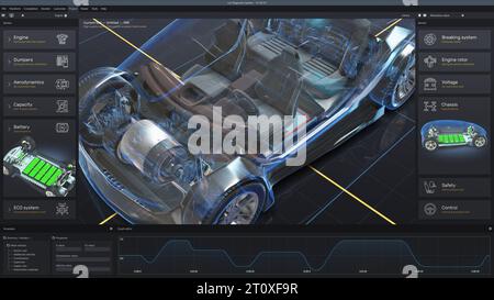 Der digitale Tablet-Computer zeigt eine futuristische 3D-grafische Visualisierung von Fahrzeugen, die professionelle Software mit einem virtuellen 3D-Elektrofahrzeugmodell entwickeln. Konzept der modernen Autodiagnostik-Technik. Stockfoto