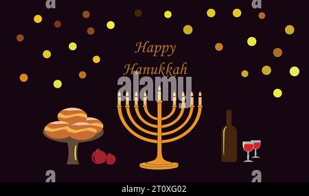 Happy Hanukkah Banner, Vorlage für Ihr Design. Chanukka ist ein jüdischer Feiertag. Grußkarte mit Menorah, Sufganiyot, Dreidel. Vektorgrafik Stock Vektor