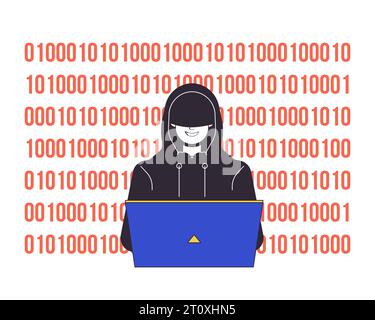 Hacker in der Haube codiert Flachlinienkonzept Vektor-Spot-Illustration Stock Vektor