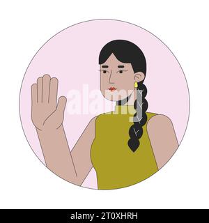 Winkende hübsche indische Frau mit langer geflochtener 2D-Linie Vektor-Avatar-Illustration Stock Vektor