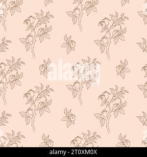 Umrandung nahtloses Muster Hagebuttenzweig mit Beeren und Blättern auf hellem Hintergrund. Vektorabbildung. Linear handgezeichnet für Tapeten, Design Stock Vektor