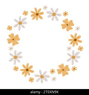 Hübscher Kranz mit einfachen Gänseblümchen. Kamillenkreisrahmen im skandinavischen Stil. Stilisierte kleine Blumen, digitale Illustration für Karten Stockfoto