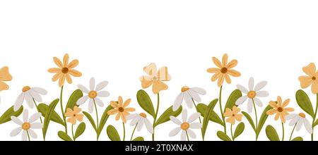 Hübsche nahtlose Borte mit einfachen Gänseblümchen. Kamille im skandinavischen Stil. Stilisierte kleine Blumen, digitale Illustration für Karten, Einladungen Stockfoto