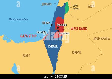 Vektorkarte von Israel und Palästina, die die Gebiete des Westjordanlands und des Gazastreifens zeigt Stock Vektor