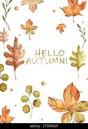 Postkarte mit handgezeichneten Wasserfarben-Herbstblättern auf weißem Hintergrund. hallo Herbst. Für Poster, Karten, Tapeten, Wohndesign und Geschenkpapier Stockfoto