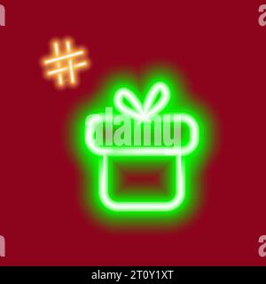Neonbild einer Geschenkbox mit Hashtag-Zeichen. Designkonzept für Geburtstagsgrüße oder Einladungskarten. Aufkleber. Symbol. Isolieren. EPS. Vektorposter, Banner, Broschüren, Preisschild, Etikett, Hintergrundbild oder Web Stock Vektor