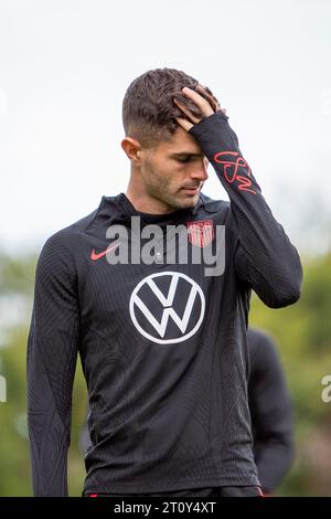 Nashville, Tennessee, USA. Oktober 2023. Christian Pulisic trainiert mit USMNT an der Brentwood Academy in Brentwood, Tennessee ein paar Tage vor den bevorstehenden Freundschaftsspielen gegen Deutschland und Ghana. (Kindell Buchanan/Alamy Live News) Stockfoto