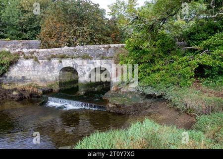 Gweek Village in Cornwall, Telford Mündung fließt unter der alten Steinbrücke mit zwei Bogenbögen, England, Großbritannien, September 2023 Stockfoto