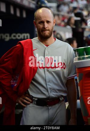 Atlanta, Usa. Oktober 2023. Philadelphia Phillies Starterpitcher Zack Wheeler steht im ersten Inning gegen die Atlanta Braves im zweiten Spiel einer MLB National League Division Series im Truist Park in Atlanta am Montag, den 9. Oktober 2023. Foto: Scott Cunningham/UPI. Quelle: UPI/Alamy Live News Stockfoto