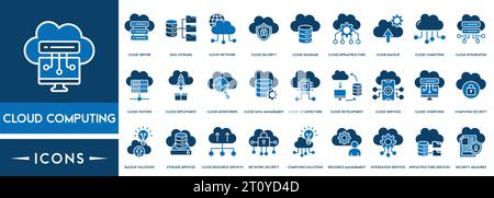 Cloud-Computing-Symbolsatz, Cloud-Dienste, Server, Cybersicherheit, digitale Transformation. Symbolsammlung für Modellstruktur. Stock Vektor