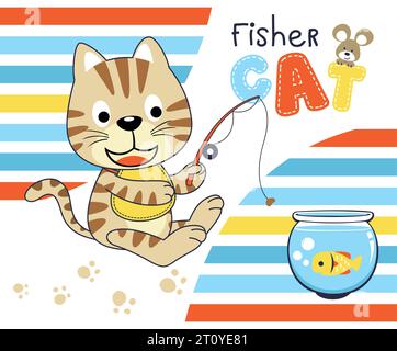 Lustige Katzenfischerei am Glas, Mäuse auf Brief, Vektor-Zeichentrickillustration Stock Vektor