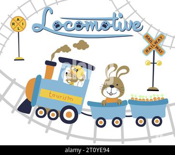 Niedliche Maus und Kaninchen auf Dampfeisenbahn, Vektor-Karikaturillustration Stock Vektor