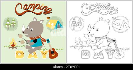 Vektor-Karikaturillustration des niedlichen Nashörns im Camping, Malseite oder Buch Stock Vektor
