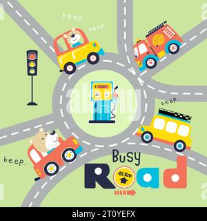 Vektor-Cartoon des lustigen Bären auf dem Auto, bunte Fahrzeuge in Ringstraße mit Verkehrselement Stock Vektor