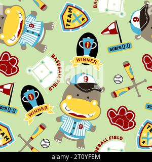 Nahtloser Mustervektor des Zeichentrickfilms lustiges Nilpferd im Baseballspieler Kostüm. Illustration der Baseball-Elemente Stock Vektor