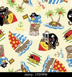 Nahtloser Mustervektor des niedlichen Bären mit Papagei in Piratenmütze, segelnde Piratenelemente Stock Vektor