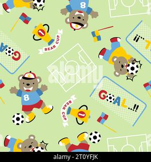 Nahtloser Mustervektor des lustigen Zeichentrickbären, der Fußball mit Fußballelementen spielt Stock Vektor
