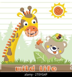 Lustige Tiere Zeichentrickvektor, Giraffe mit Bär und Marienkäfer auf Baumhintergrund Stock Vektor