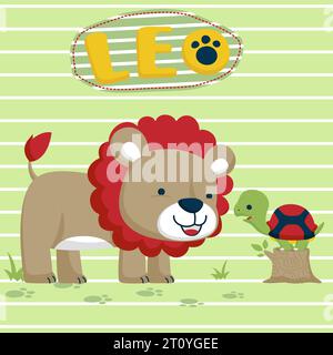 Löwe und Schildkröte Cartoon Vektor auf gestreiftem Hintergrund Stock Vektor