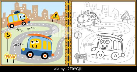 Malbuch oder Seite mit lustigen Fahrzeugen Cartoon, Stadtverkehr Elemente Vektor Illustration Stock Vektor