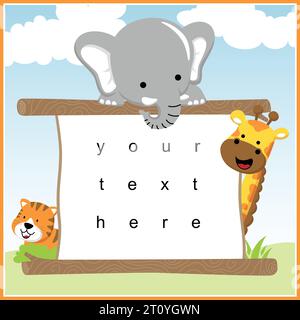 Vektor-Cartoon von glücklichen Tieren mit Brettschablone. Für Einladungskarten, Grußkarten, Geschenkkarten usw. Elefant, Giraffe, Tiger. Stock Vektor